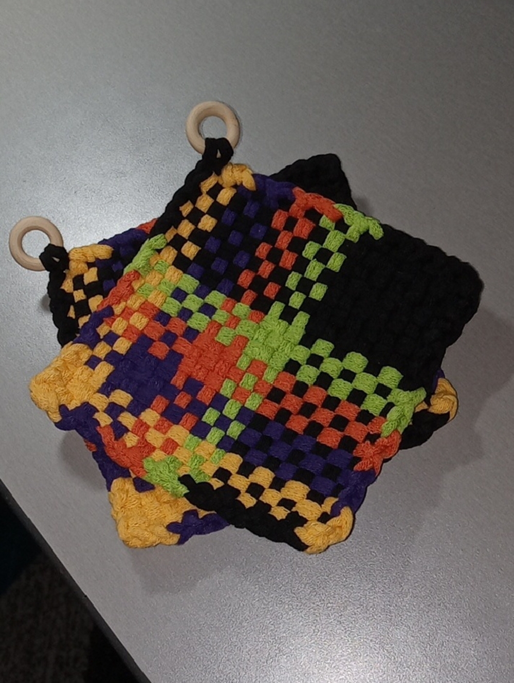 Handwoven Halloween Cotton Pot Holders with Multicolor Check Accent